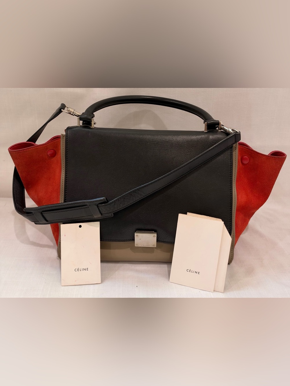 Celine Trapeze Shoulder Bag in Black, Red and Taupe